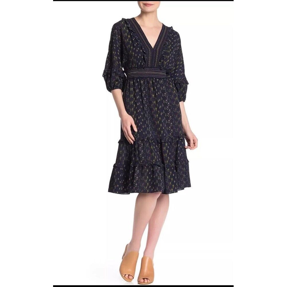 Max Studio Womens V-Neck Empire Waist Dress‎ Small Navy Floral Size XS